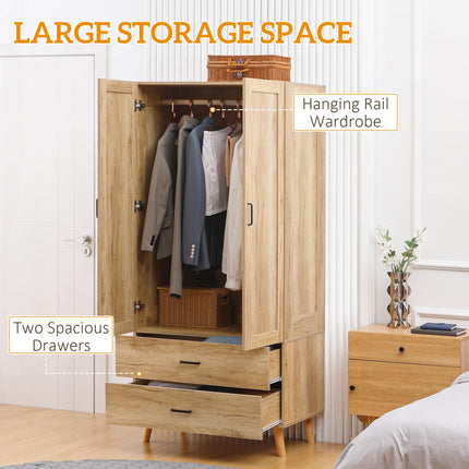 2 Door Wardrobe with 2 Drawers and Hanging Rail for Bedroom - Natural
