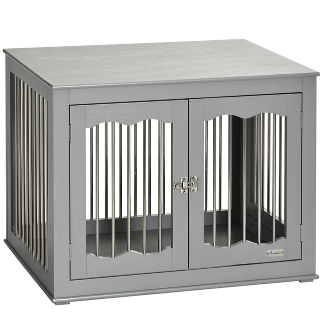 Furniture Style Dog Crate End Table with Three Lockable Doors for Medium Dogs - Grey