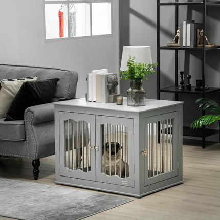 Furniture Style Dog Crate End Table with Three Lockable Doors for Medium Dogs - Grey