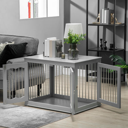 Furniture Style Dog Crate End Table with Three Lockable Doors for Medium Dogs - Grey