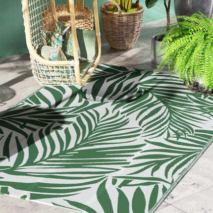 Reversible Outdoor RV Rug 1.5x2.4m Waterproof Patio Mat Green Leaves - Green and White