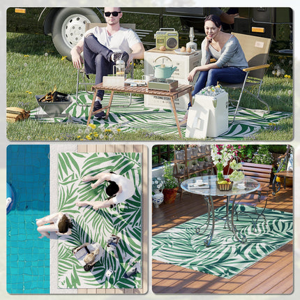 Reversible Outdoor RV Rug 1.5x2.4m Waterproof Patio Mat Green Leaves - Green and White