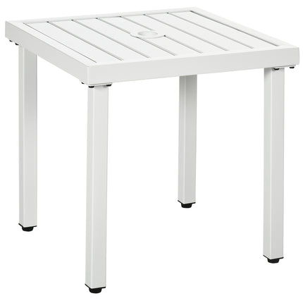 Garden Side Table End Table Patio Coffee Table with Umbrella Hole, Steel Frame for Balcony, White