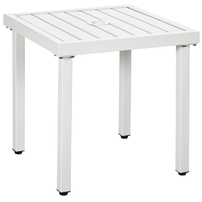Garden Side Table End Table Patio Coffee Table with Umbrella Hole, Steel Frame for Balcony, White
