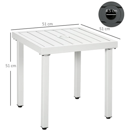 Garden Side Table End Table Patio Coffee Table with Umbrella Hole, Steel Frame for Balcony, White