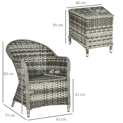 3 Piece Modern Rattan Bistro Set with Cushions - Grey