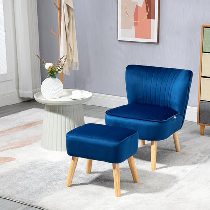 Luxe Velvet Accent Chair and Ottoman Set - Dark Blue