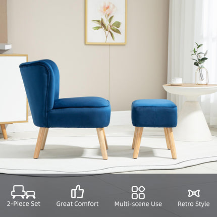 Luxe Velvet Accent Chair and Ottoman Set - Dark Blue