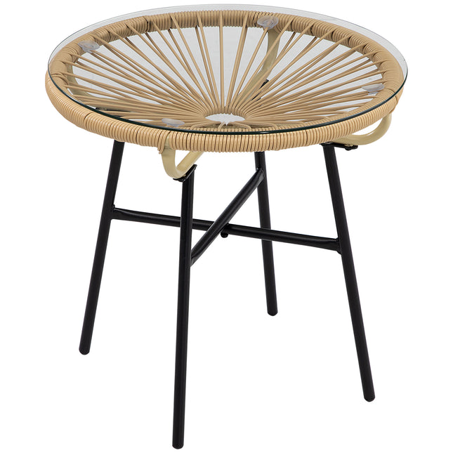 Round Rattan Side Table with Tempered Glass Top for Outdoor Patio Garden Balcony - Beige