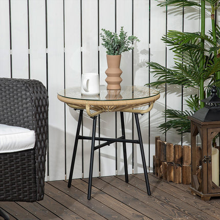 Round Rattan Side Table with Tempered Glass Top for Outdoor Patio Garden Balcony - Beige