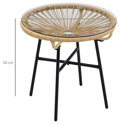 Round Rattan Side Table with Tempered Glass Top for Outdoor Patio Garden Balcony - Beige