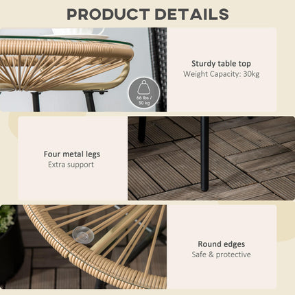 Round Rattan Side Table with Tempered Glass Top for Outdoor Patio Garden Balcony - Beige