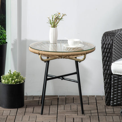 Round Rattan Side Table with Tempered Glass Top for Outdoor Patio Garden Balcony - Beige