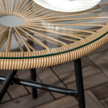 Round Rattan Side Table with Tempered Glass Top for Outdoor Patio Garden Balcony - Beige