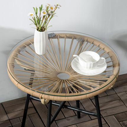 Round Rattan Side Table with Tempered Glass Top for Outdoor Patio Garden Balcony - Beige