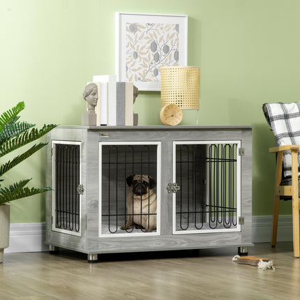 Dog Crate Furniture Side Table with Washable Cushion for Medium & Large Dogs - Grey