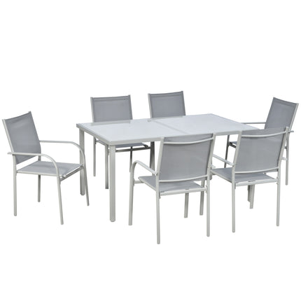 7 Piece Garden Dining Set with Tempered Glass Table and Stackable Chairs - Grey