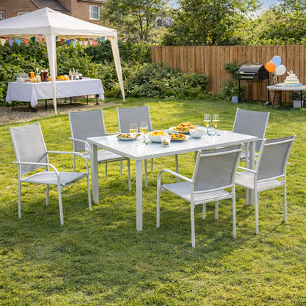 7 Piece Garden Dining Set with Tempered Glass Table and Stackable Chairs - Grey