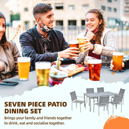 7 Piece Garden Dining Set with Tempered Glass Table and Stackable Chairs - Grey