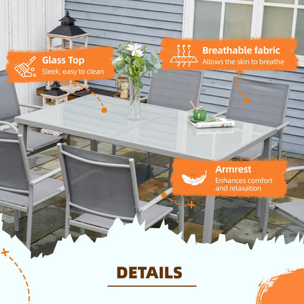 7 Piece Garden Dining Set with Tempered Glass Table and Stackable Chairs - Grey