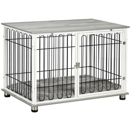 Dog Crate Furniture Side Table with Lockable Door and Washable Cushion for Small & Medium Dogs - Graphite Wood Effect