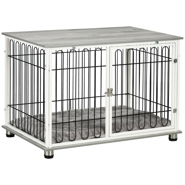 Dog Crate Furniture Side Table with Lockable Door and Washable Cushion for Small & Medium Dogs - Graphite Wood Effect