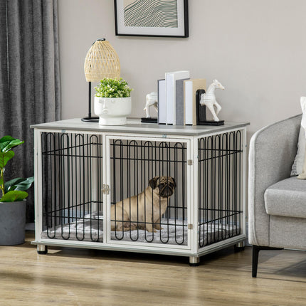 Dog Crate Furniture Side Table with Lockable Door and Washable Cushion for Small & Medium Dogs - Graphite Wood Effect