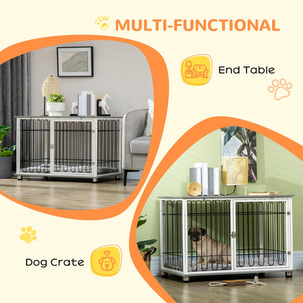 Dog Crate Furniture Side Table with Lockable Door and Washable Cushion for Small & Medium Dogs - Graphite Wood Effect