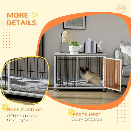 Dog Crate Furniture Side Table with Lockable Door and Washable Cushion for Small & Medium Dogs - Graphite Wood Effect