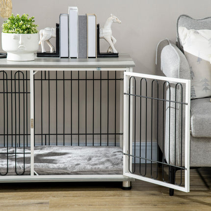 Dog Crate Furniture Side Table with Lockable Door and Washable Cushion for Small & Medium Dogs - Graphite Wood Effect