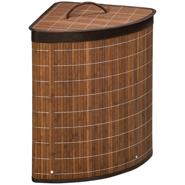 Bamboo Laundry Basket with Lid 55L Corner Hamper with Removable Washable Lining - Brown