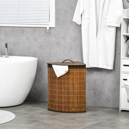 Bamboo Laundry Basket with Lid 55L Corner Hamper with Removable Washable Lining - Brown