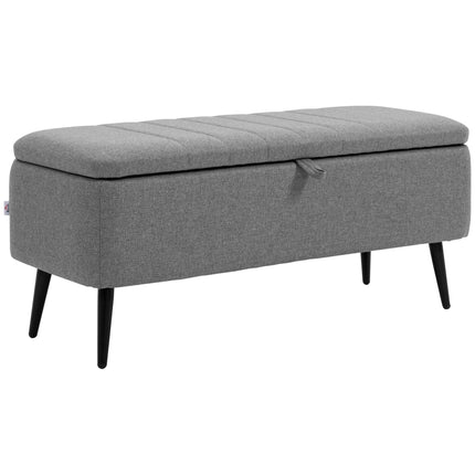 Rectangular Storage Ottoman with Flip Top and Steel Legs Upholstered in Grey Linen Fabric - Grey