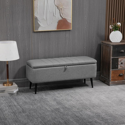 Rectangular Storage Ottoman with Flip Top and Steel Legs Upholstered in Grey Linen Fabric - Grey