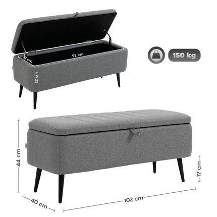 Rectangular Storage Ottoman with Flip Top and Steel Legs Upholstered in Grey Linen Fabric - Grey