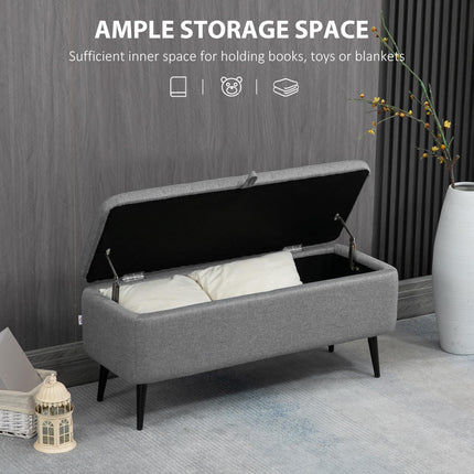 Rectangular Storage Ottoman with Flip Top and Steel Legs Upholstered in Grey Linen Fabric - Grey