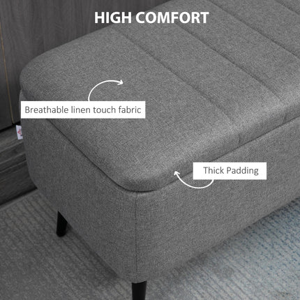 Rectangular Storage Ottoman with Flip Top and Steel Legs Upholstered in Grey Linen Fabric - Grey
