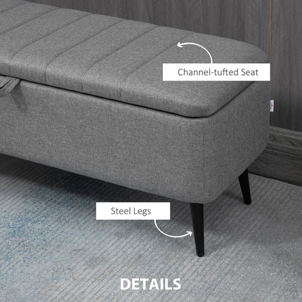 Rectangular Storage Ottoman with Flip Top and Steel Legs Upholstered in Grey Linen Fabric - Grey