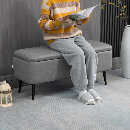 Rectangular Storage Ottoman with Flip Top and Steel Legs Upholstered in Grey Linen Fabric - Grey