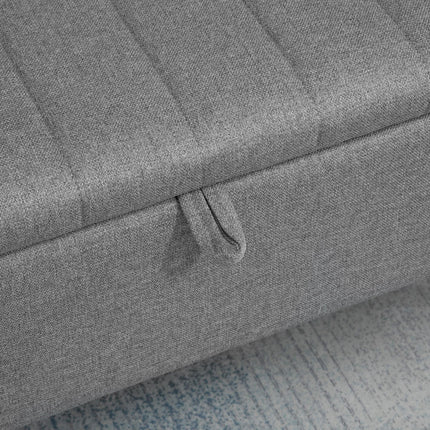 Rectangular Storage Ottoman with Flip Top and Steel Legs Upholstered in Grey Linen Fabric - Grey