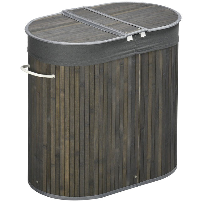 Bamboo Laundry Basket with Lid 100L Dual Section Hamper with Removable Lining - Grey