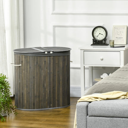 Bamboo Laundry Basket with Lid 100L Dual Section Hamper with Removable Lining - Grey