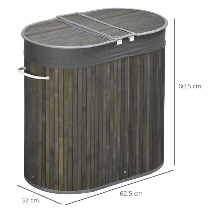 Bamboo Laundry Basket with Lid 100L Dual Section Hamper with Removable Lining - Grey