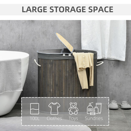 Bamboo Laundry Basket with Lid 100L Dual Section Hamper with Removable Lining - Grey