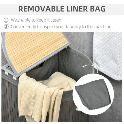 Bamboo Laundry Basket with Lid 100L Dual Section Hamper with Removable Lining - Grey