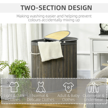 Bamboo Laundry Basket with Lid 100L Dual Section Hamper with Removable Lining - Grey