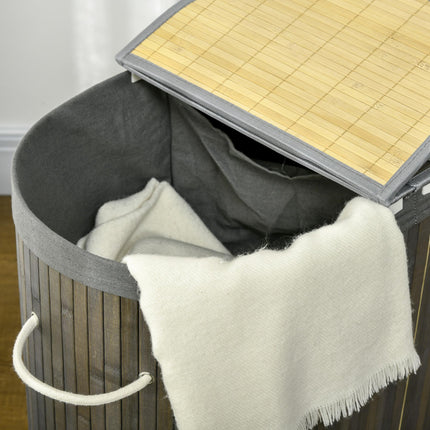 Bamboo Laundry Basket with Lid 100L Dual Section Hamper with Removable Lining - Grey