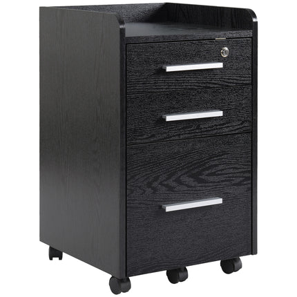 Three-Drawer Lockable Filing Cabinet with Wheels and Wood-Effect Finish - Black