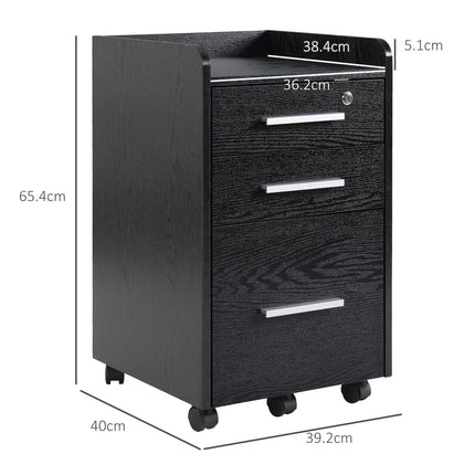 Three-Drawer Lockable Filing Cabinet with Wheels and Wood-Effect Finish - Black