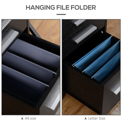 Three-Drawer Lockable Filing Cabinet with Wheels and Wood-Effect Finish - Black